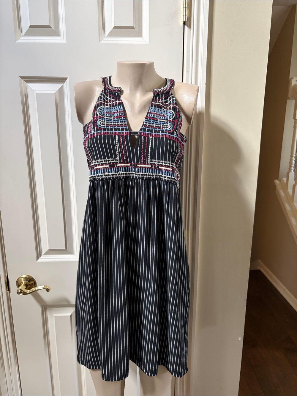 THML Black Pinstripe Halter Sundress with Multicolor Embroidery, small